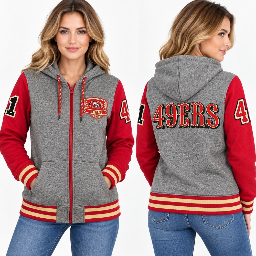 NFL Team Apparel San Francisco 49ers Varsity Full Zip Hoodie Grey Red Small
